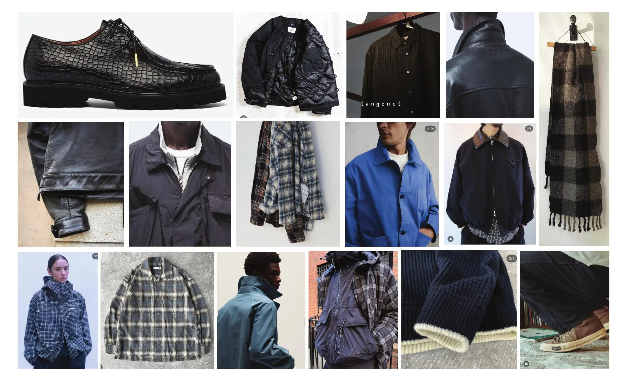 Refined menswear concept board with leather, navy, blue, plaid, and technical layers