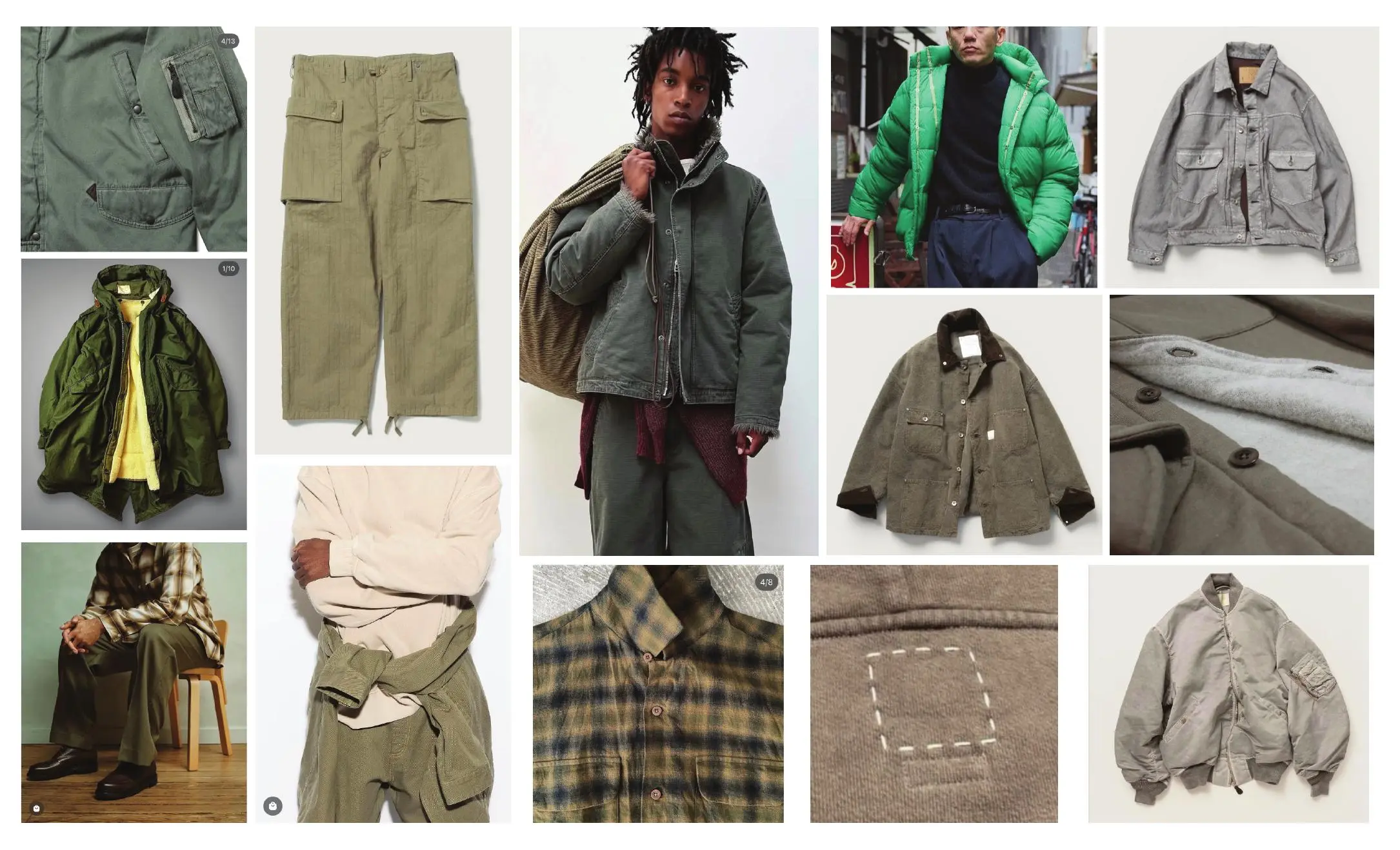 Contemporary American sportswear concept board featuring utility outerwear, washed canvas, plaid, and layered menswear